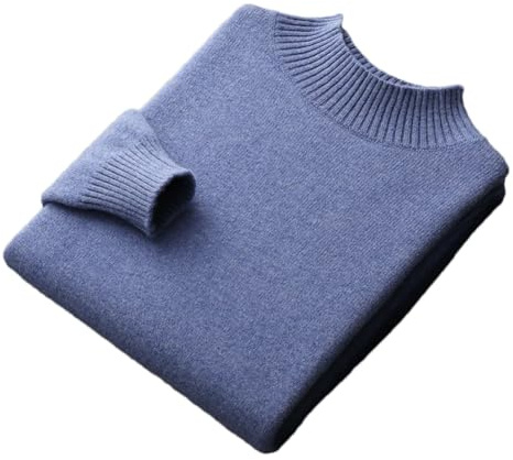 100% Merino Wool Mock Neck Sweater Mens Solid Knitted Half Turtleneck Jumper Thick Casual Pullover Blue M