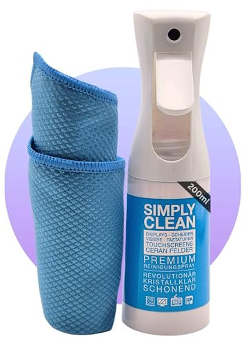 Simply CLEAN Bildschirm Reiniger 200ml mit Mikrofasertuch – Screen Cleaner Spray für Autodisplay, Bildschirm und Smartphone – Laptop Reiniger gegen Staub & Verschmutzungen, für strahlenden Glanz