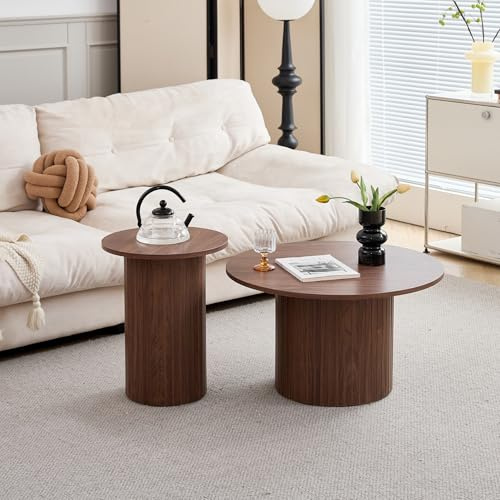 JZGORC 2er-Set Moderner Runder Couchtisch, Römische Säulenbasis, Runder Sofa-Beistelltisch im Landhausstil, Geeignet für Wohnzimmer, Büro – Dunkelbraun