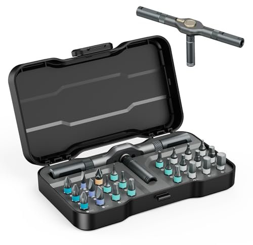 OQIMAX Juego Destornilladores 24 en 1, Destornillador Carraca, Destornilladores Precisión de Trinquete con Mango Trinquete Desmontable y 40 Puntas Magnético, Screwdriver Set para Móviles y Bibicletas
