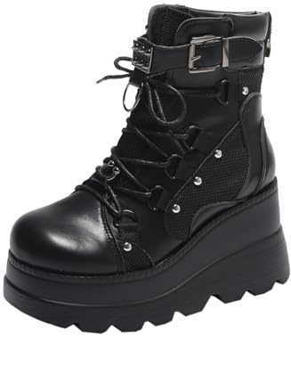 Plataforma gruesa gótica de las mujeres cuñas Botas de tobillo con cadena Corazón remache Punk Botas de motocicleta de la mitad de la ternera Cuñas de cremallera del dedo del pie redondo Tacones