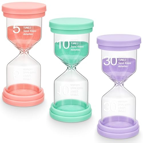 PlsMupn Relojes de Arena Coloridos, Kit de 3 Piezas Temporizadores de 5/10/30 Minutos, Reloj de Arena Infantil para Niños, Cocina, Escuela, Oficina, Cepillado de Dientes y Juegos