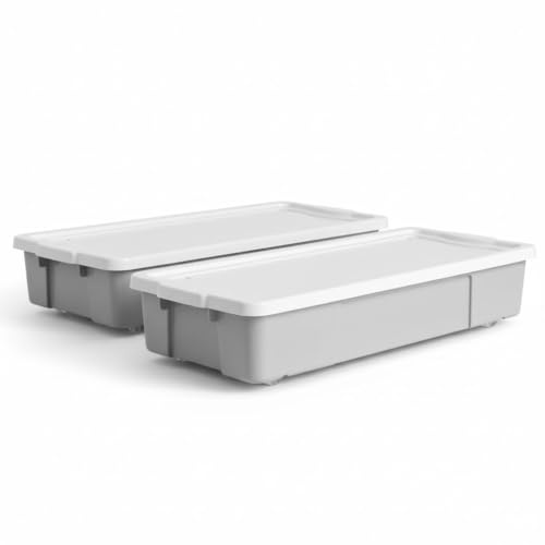 SIDSONS - 2x Grey 47L Rolling Underbed Storage Box - Plastic Container Boxes With White Lid & Wheels - Organizer Under Bed Stackable Bin - Space Saving For Bedroom, Home & Office