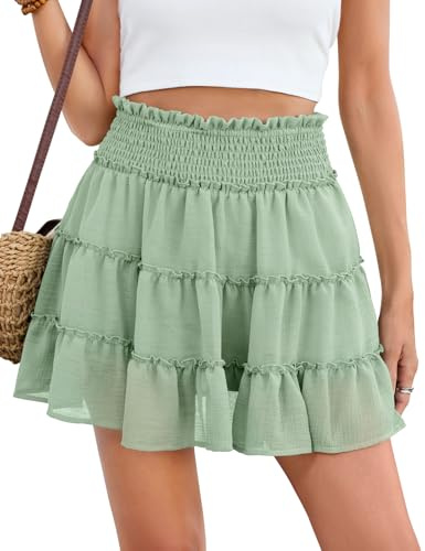 PASUDA Gonna Donna Mini Estiva Elegante Elastico Vita Alta Corta Gonna in Tulle a Balze con Pantaloncini Casual Tinta Unita Bohemien Abiti da Mare Spiaggia Estate Vacanze(Verde Chiaro,M)