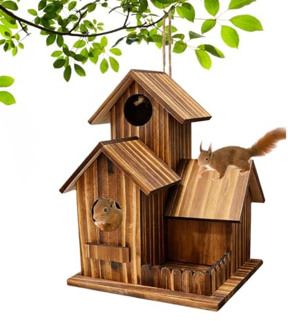 BommFu Casa para Ardillas - Exterior de Madera con Diseño de Compartimentos y Techo Flexible - Alimentador para Árbol con Techo Flexible | para Árbol Jardín Patio Terraza Balcón