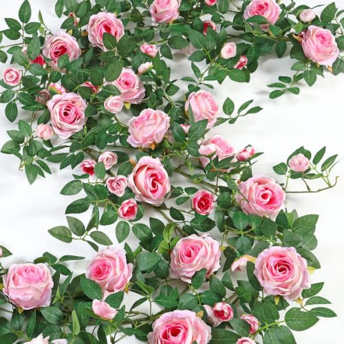 2PCS 12FT Artificial Flower Garland Pink Fake Rose Vine Hanging Flowers Ivy | Bendable Silk Roses Floral Garland, Plastic Leaves, Faux Greenery Decor for Wedding Arch Table Wall Backdrop Party Decoration