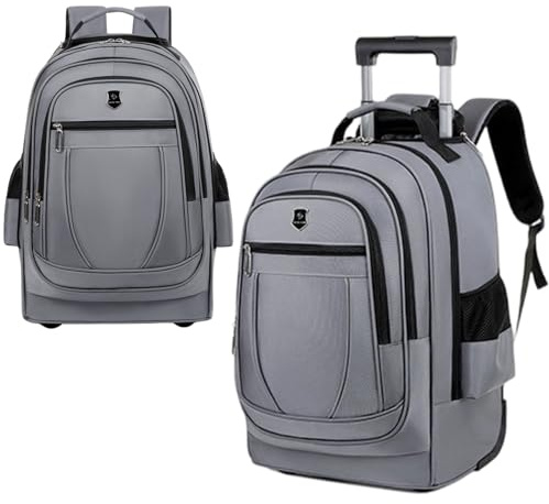 Ryggsäck med hjul för kvinnor Herr, 15,6 tum, lätt rullväska, resväska (50 x 34 x 22 cm), vattentät laptopryggsäck med teleskophandtag, för företag, universitet, flygplan, kapacitet 55 L (Grå)