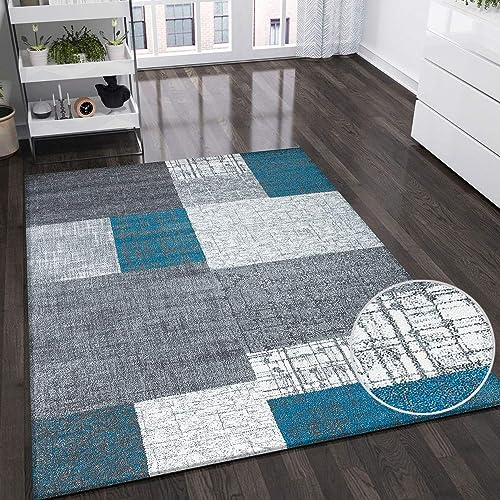 VIMODA Teppich Kurzflor in Türkis Blau Grau und Weiß Wohnzimmer Teppiche Modern Kachel-Optik Pflegeleicht, Maße:160x230 cm