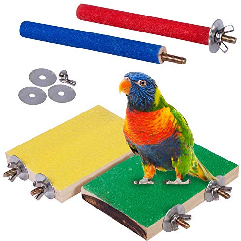 Petsvv 4 PCS Bird Perch Stand Toy, Wood Parrot Perch Stand Platform Paw Grinding Stick, Cage Accessories Exercise Toys Budgies Parakeet Cockatiel Conure Hamster Gerbil Rat Mouse