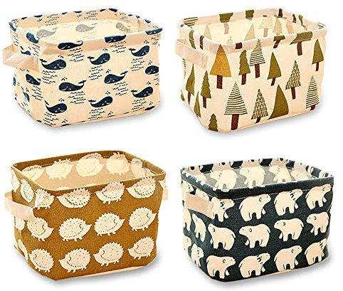 sinzau Aufbewahrungskorb, 4-Teiliges Set, Faltbare Aufbewahrungsbox aus Leinen, für Büro, Schlafzimmer, Bad, 4 Muster