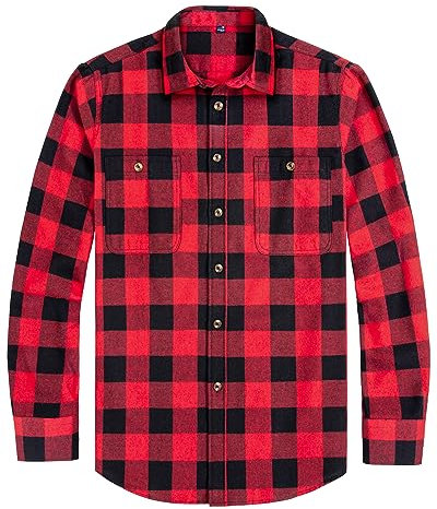 J.VER Men's Flannel Shirt Red Black Long Sleeve Cotton Checked Shirts Button Down Lumberjack Regular Fit Winter Warm Thick Plaid Shirt with Pockets L