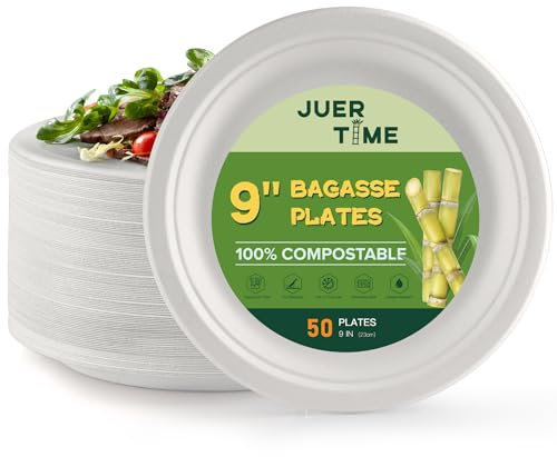 Juertime Strong Disposable Paper Plates - 9 inch Heavy Duty Bagasse Biodegradable Plates - White Eco-Friendly & Compostable - Perfect for Party, Picnic, BBQs [50 Pack]