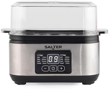 Salter 3 in 1 Digital Egg Cooker – Electric Omelette Maker, Poached or Boiled Eggs, 6 Egg Capacity, LED Digital Display, Compact, Includes Measuring Cup, Egg Rack, and Steaming Bowl, 430W, EK6153