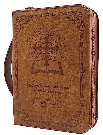 GraduatePro Bibelhülle mit Reißverschluss Leder für Herren Groß Bibel Buchumschlag Prägung Wasserdicht Tragbar Handtasche Religion Geschenk Braun