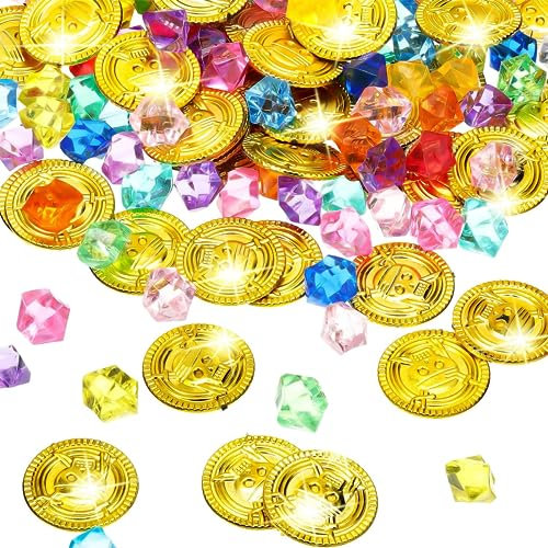 LEMONSTONE 200 Stück Piratenschatz,100 Stücke Edelsteine für Kinder und 100 Stücke Goldmünzen Kinder für Piraten Deko Kindergeburtstag,Piratenparty Kindergeburtstag,Schatzkiste Kindergeburtstag