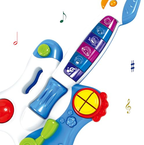 Flex Kids Electric Guitar Toy with Lights & Sounds Interactive Musical Learning Instrument for Toddlers 18 Months+, Colourful Light-Up Guitar with Multiple Tunes & Sound Effects Educational Gift Blue