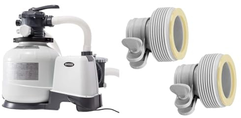 INTEX 55227 - Depuradora de Arena Krystal Clear 10.500 L/H, Para piscinas desmontables de hasta 57.500 L., 6 funciones y sistema de bloqueo & 29061 - Pack 2 adaptadores(b) depuradoras