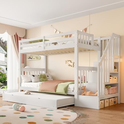 Dolamaní Letto a soppalco per bambini 90 x 200 cm, letto a castello, per 3 persone, letto per bambini con scala, alta protezione anti-caduta, letto estraibile sotto il letto, scomparti laterali per