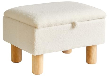 Aibiju Small Footstool with Storage, Faux Teddy Fur Foot Stool Ottoman with Wooden Legs, Change Shoes Stool for Living Room Bedroom Entryway Office,White YD-JD136W