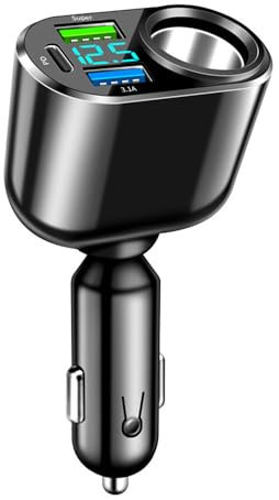 4 en 1 Cargador de Coche USB Con Mechero 111W, [PD & Doble USB A Puertos] Adaptador Con Encendedor de Cigarrillos y Voltímetro LED
