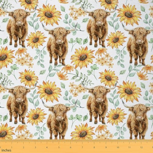 Homemissing Highland ko tyg av The Yard 1 Yard (L92 x B 150 cm) solros blommig dekorativt vattentätt tyg högland nötkreatur klädsel tyg bondgård djur västerländsk dekor gör-det-själv klädsel tyg
