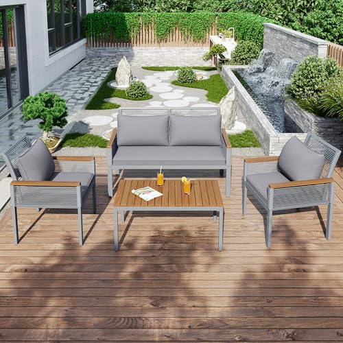 ModernLuxe 4-Seater Garden Lounge Set Rattan Garden Furniture Set Outdoor Seating Group with Comfortable Cushions – Double Sofa, 2 Armchairs & Table – Weatherproof Balcony & Patio Furniture – Grey