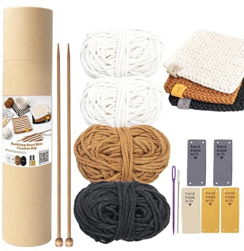 Kit de tricot pour débutants - Fournitures de coaster au crochet, démarrage avec le kit de bâton en bois de coton | Produits de tricot complets pour la maison avec fil, aiguilles à tricoter, guide