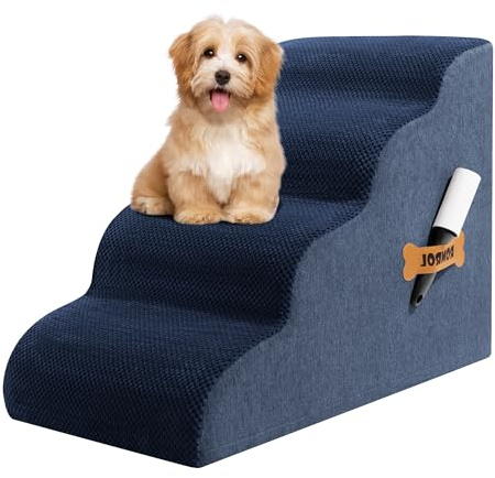 ROMROL Dog Stairs for Small Dogs, 4-Step Non-Slip Pet Ramp for Bed & Sofa – High-Density Foam, Removable Washable Cover – Soft Dog Steps for Puppies, Senior Dogs & Cats, 58x38x38cm, Navy