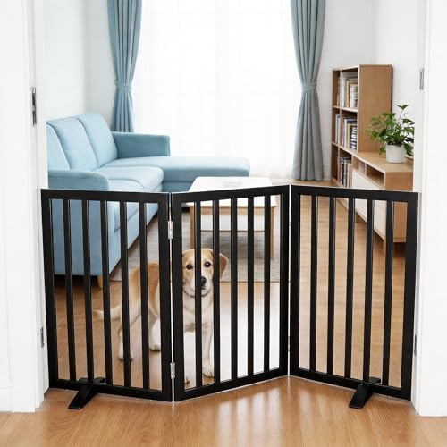SFJC Dog Gate Indoor, Freestanding Dog Fence for The House, Doorways, Hallways,or Stairs,Pet Gate Foldable Wooden,Expandable 32 Height 3 Panels,Black