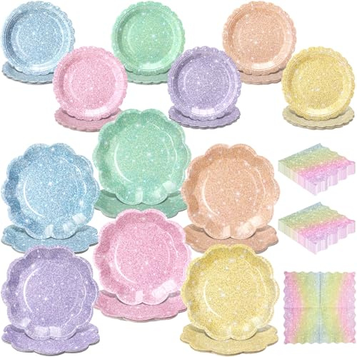 Skybooly 72 Pcs 24 Guests Pastel Glitter Party Plates and Napkins Pastel Scalloped Paper Plates Napkins Glitter Disposable Tableware for Birthday Bridal Baby Shower Wedding Decorations Party Supplies