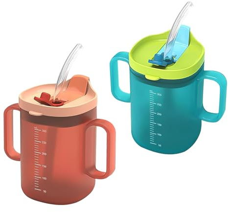 DUTIFUL Lot de 2 gobelets à bec pour personnes âgées - 300 ml - Anti-fuite - Double poignée - Avec couvercle et paille - Pour personnes âgées
