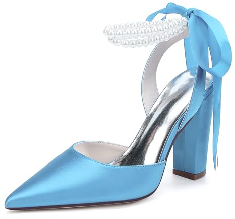 HFWXYSA Escarpins Femme Mariage Bout Pointu Talon Carré Satin Perles Bride Cheville Chaussures Cérémonie Confortable Demoiselle,Sky Blue,36 EU