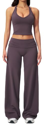 2-delat vardagligt set för kvinnor, kort träningslinne, vidbyxa för yoga, träningsleggings, yogadräkt och vardagsoutfit(Size:XL,Color:Lila)