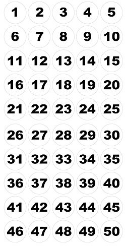 Runde Zahlenaufkleber 1-50, Vinyl - 30mm - schwarz/weiss