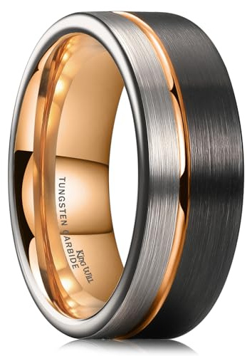 King Will Loop Tungsten Carbide Wedding Band 8mm Rose Gold Line Ring Black and Silver Brushed Comfort Fit 9