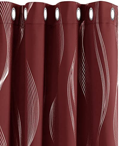 Deconovo Red Curtains Silver Wave Line Foil Printed Blackout Thermal Insulated Eyelet Curtains for Living Room 52 x 72 Inch Red 2 Panels
