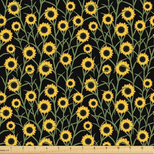 ABAKUHAUS Sommer Gewebe als Meterware, Blühende Sonnenblumen Garten, Schön Gewebten Stoff für Polster und Wohnaccessoires, 1M (148x100cm), Schwarz Gelb