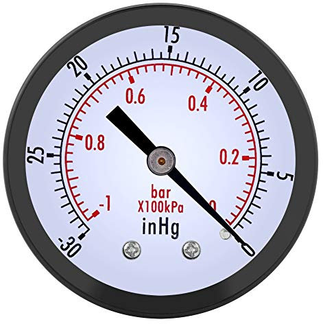 Manometro per Vuoto, Misuratore di Pressione Mini con Quadrante 50 mm, Filettatura BSPT 1/4, Range -30inHg/-1bar, per Misurazione Pressione Olio, Aria, Acqua, Gas