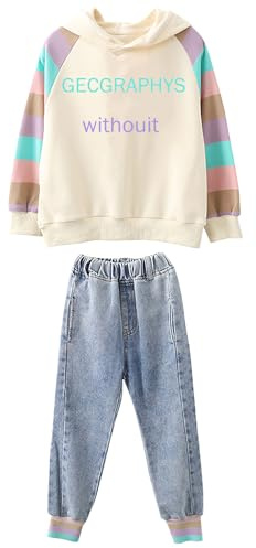 amropi Filles Ensembles Pantalon et Haut Sweats à Capuche Survêtement Jeans Jogging Vêtement Beige Bleu, 9-10 Ans