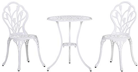 Outsunny Bistro-Set 3-teilig aus Aluminium Gartenmöbel Set mit geschnitztem Design Sitzgruppe mit Gartenstühlen Bistrotisch Schirmloch Outdoor Balkonmöbel Set Balkonset Gartengarnitur Weiß