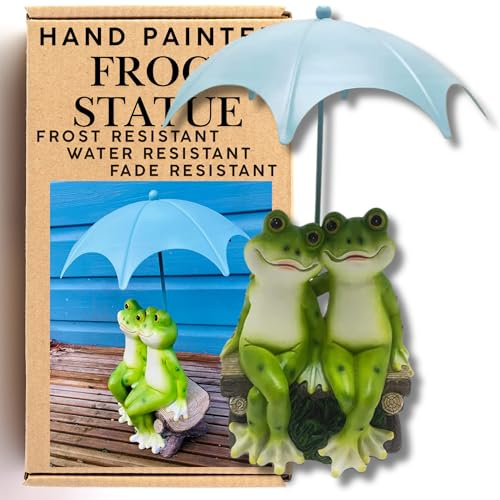 G&H Decor 33cm Frog Ornament Garden Statue - Frogs Couple on Bench Figurine - Garden Ornaments Outdoor Sculpture with Umbrella and Amazing Detail – Weather Resistant Suitable for Indoor Outdoor Use
