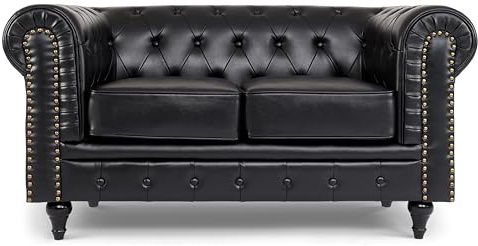 Bravich Chesterfield Sofa 2 Seater, Black Faux Leather Settee with Scroll Arms and Button Studded Back, Solid Wood Frame Living Room Sofa - 160x90x78cm