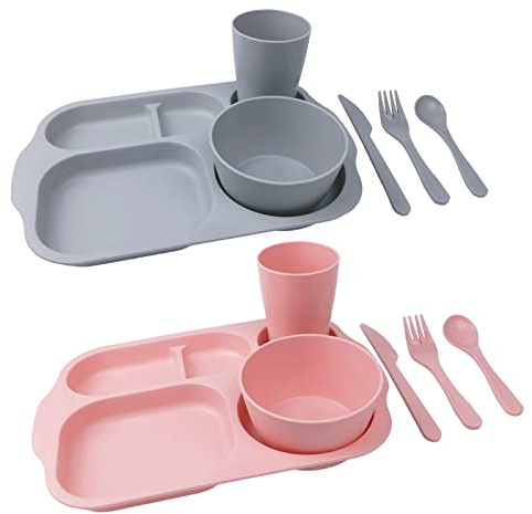 Greenandlife 12 Pcs Reusable Plastic Plates and Bowls Set, Plate, Bowl, Cup, Fork, Spoon, Knife,Microwave & Dishwasher Safe (Pink+Grey)