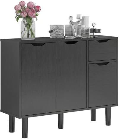 Panana Wooden Sideboard Living Room Office File Cabinet with 2 Doors 2 Drawers Legs 30Dx90Wx71H cm (Black)