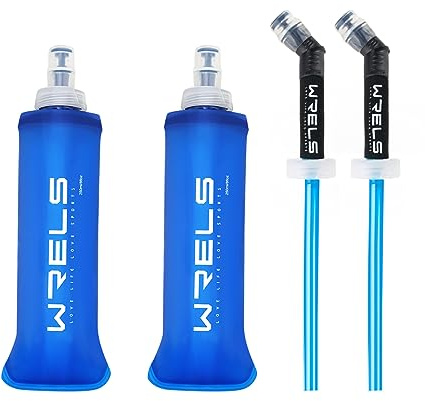 WRELS Gourde Souple Running Pliable, Pack de 2 250ml Flasque Running avec de la paille-Idéal pour Course à Pied, Trail, Randonnée-Sans BPA(Bleu Foncé)