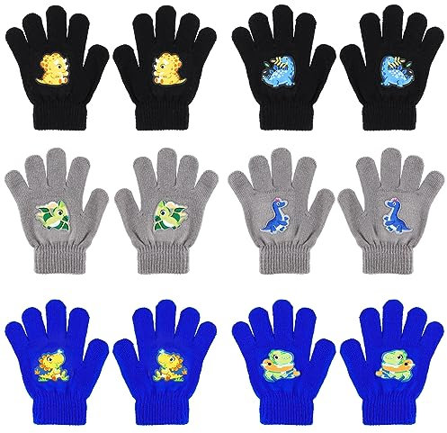 QKURT 6 Paar magische Kinderhandschuhe, Unisex-Winter-Strickhandschuhe dehnbare Vollfinger-Kinder-Fäustlinge Geburtstags- und Weihnachtshandschuhe mit Dinosaurier-Muster für 5–12 Jahre