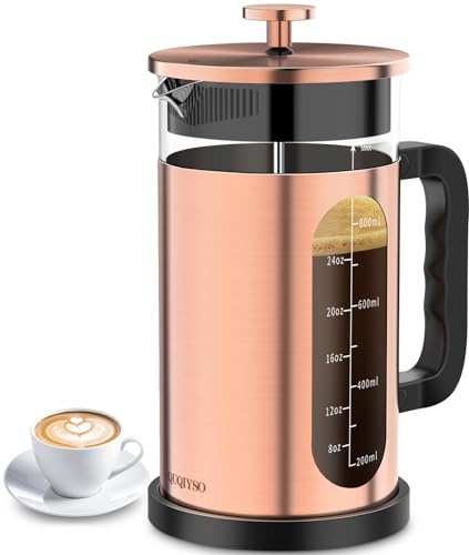 QUQIYSO Caffettiera a stampa francese, in acciaio inossidabile 304, con 4 filtri, vetro borosilicato resistente al calore, facile da pulire, senza BPA, caffettiera antiruggine, 963,9 g, rame