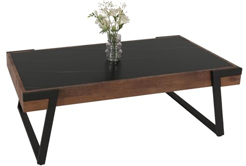 Mendler Couchtisch HWC-L89, Sofatisch Wohnzimmertisch, Eisen 43x120x64cm Sinterstein Marmor-Optik schwarz Holz Dunkelbraun