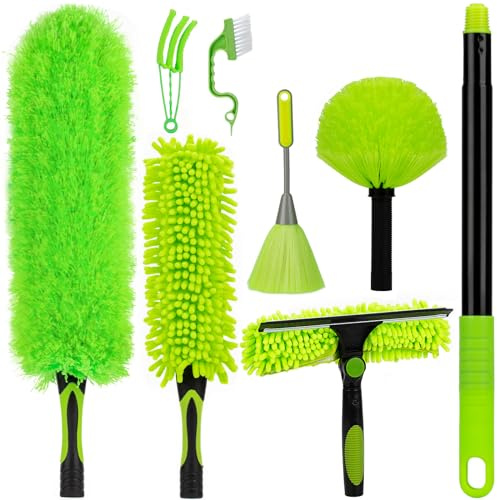 15Foot High Reach Dusters for Cleaning with 7.8 FT Extension Pole, Microfiber Feather Duster Kit Used for Cleaning Ceiling Fan, Window, Sofa, Cobweb Duster and Window Squeegee