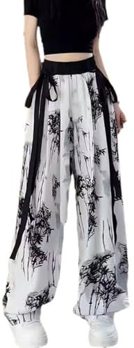 fxwtich Pantalon imprimé à l'encre de style chinois Imprimé Streamer Drapé Pantalon décontracté en mousseline de bambou de style chinois pour femmes avec décoration d'été A M